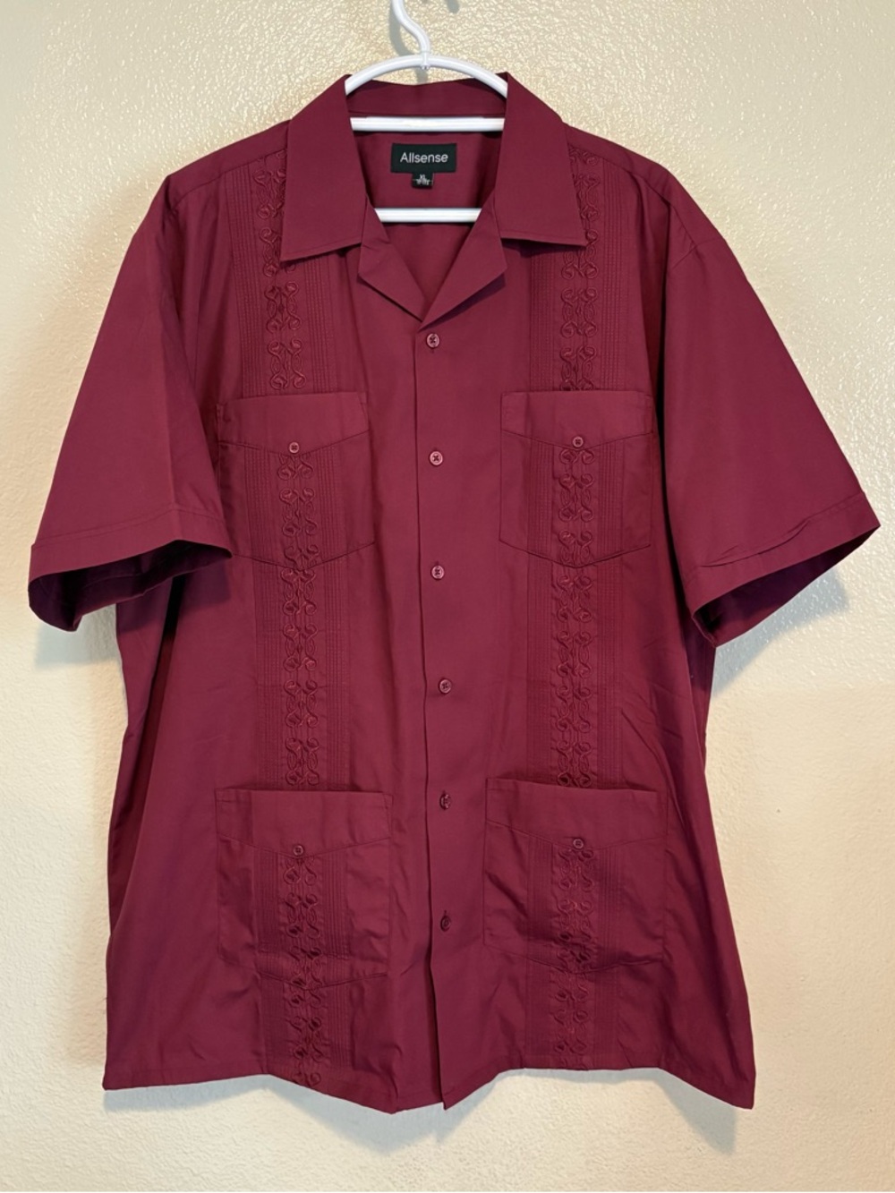 ALLSENSE Men's Guayabera Shirt Burgundy Short Sleeve Cuban Wedding Size XL